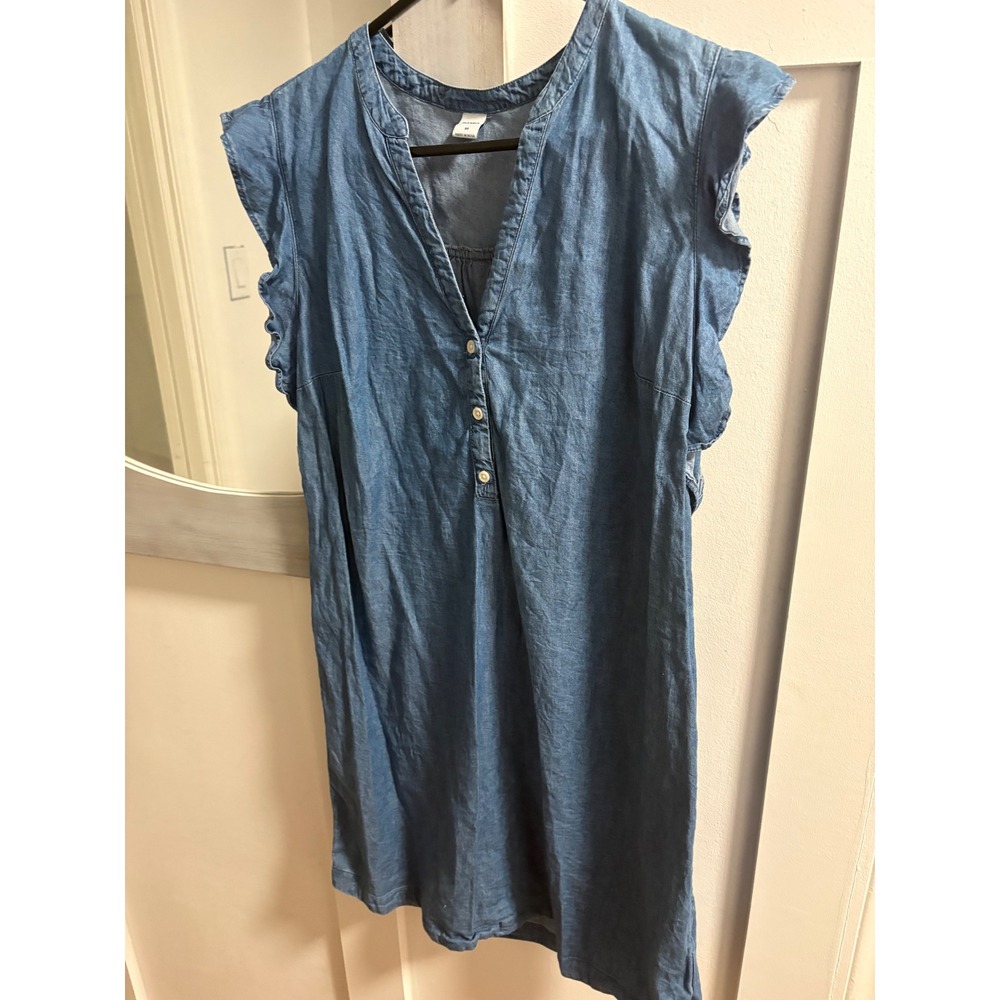 Old Navy Womens Chambray Shift Dress Blue Denim‎ Ruffle Sleeve V-Neck Medium